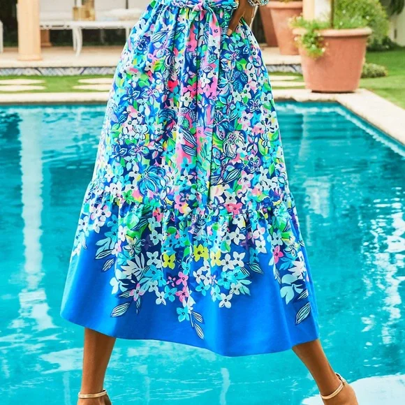 Lilly Pulitzer Zalie Off-The-Shoulder Midi Dress Borealis Blue Social Sunset 14 - Picture 2 of 12